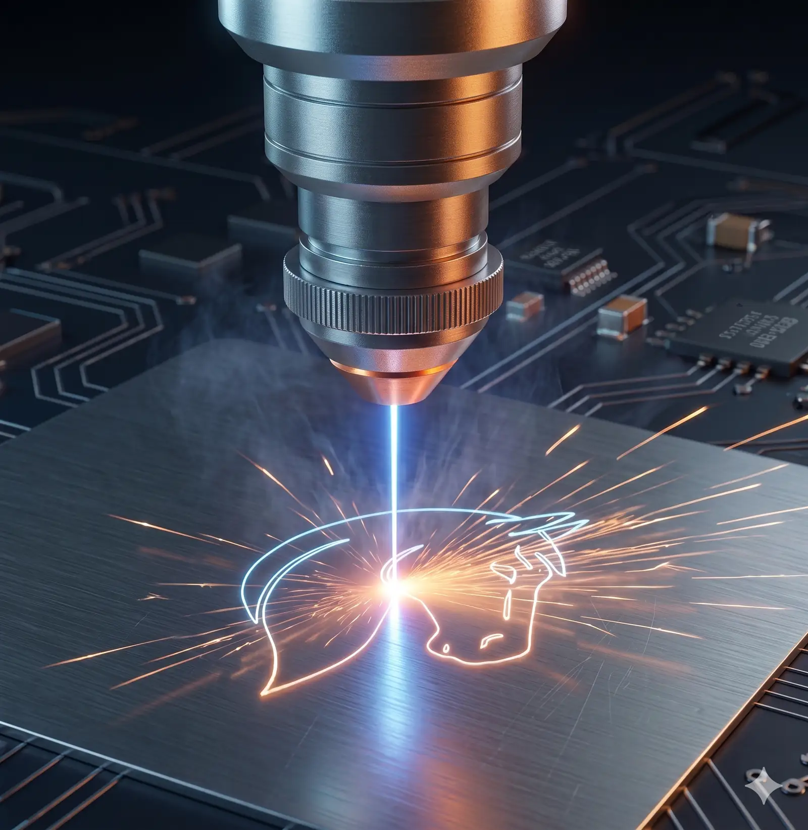 Cabezal laser industrial cortando una placa metalica